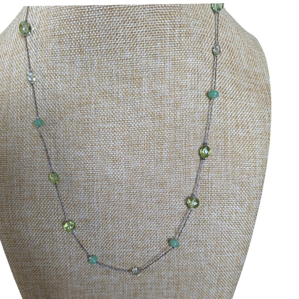 Green Gemstone Station Necklace Silver Tone Delicate‎ Beaded Chain Dainty